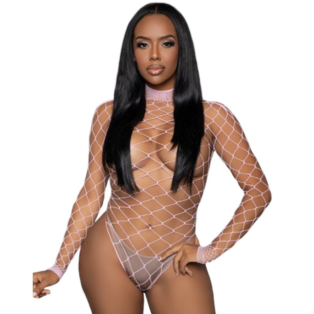 Fence Net Bodysuit with Long Sleeves - Light Pink